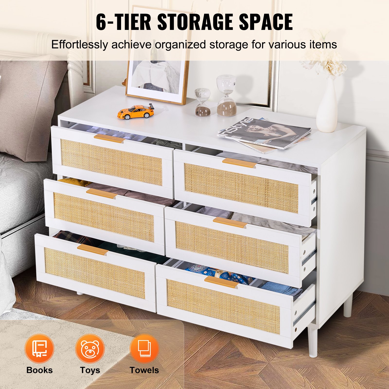 VEVOR Rattan Drawer Dresser Natural Rattan Closet Dresser 6 Drawers for ...