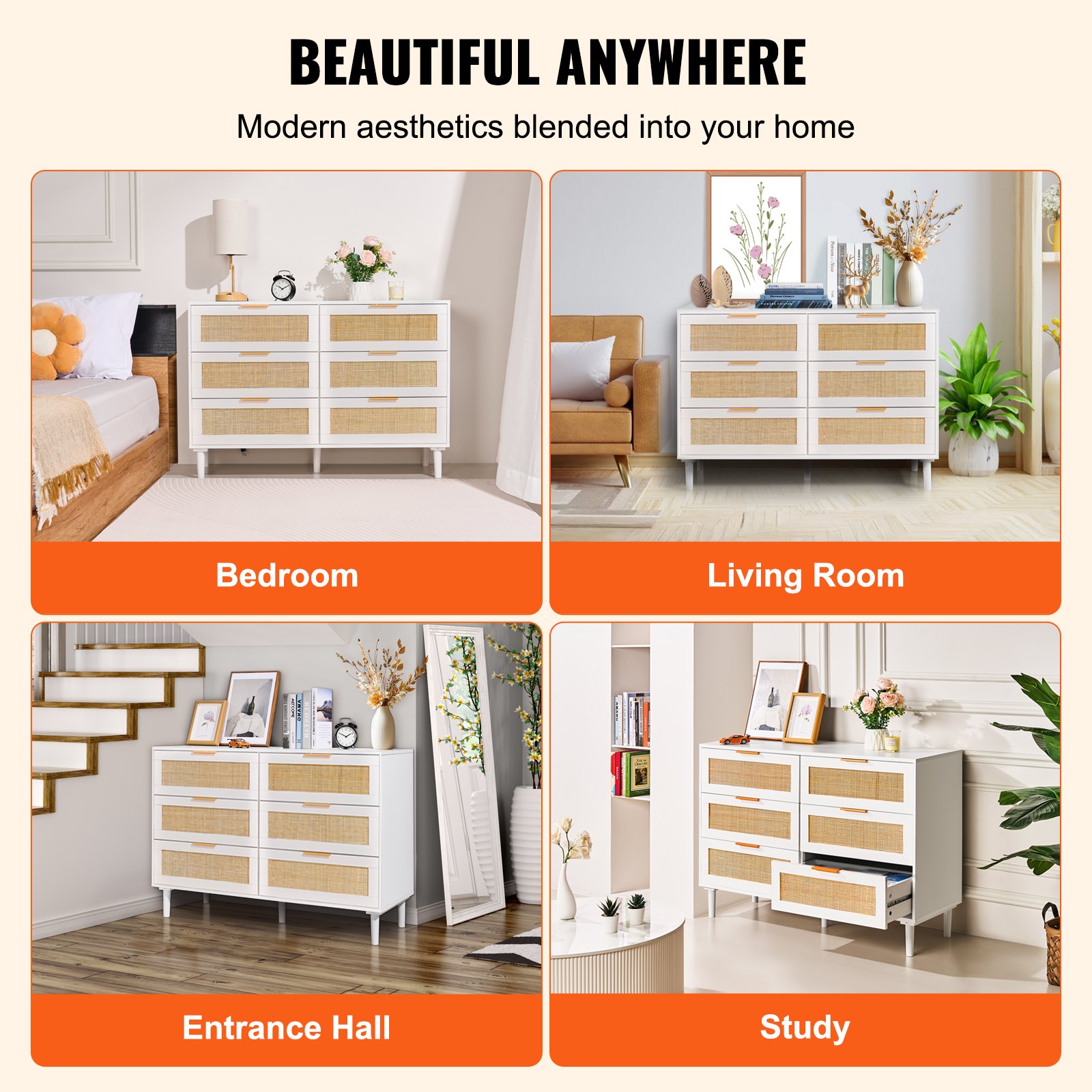 VEVOR Rattan Drawer Dresser Natural Rattan Closet Dresser 6 Drawers for ...