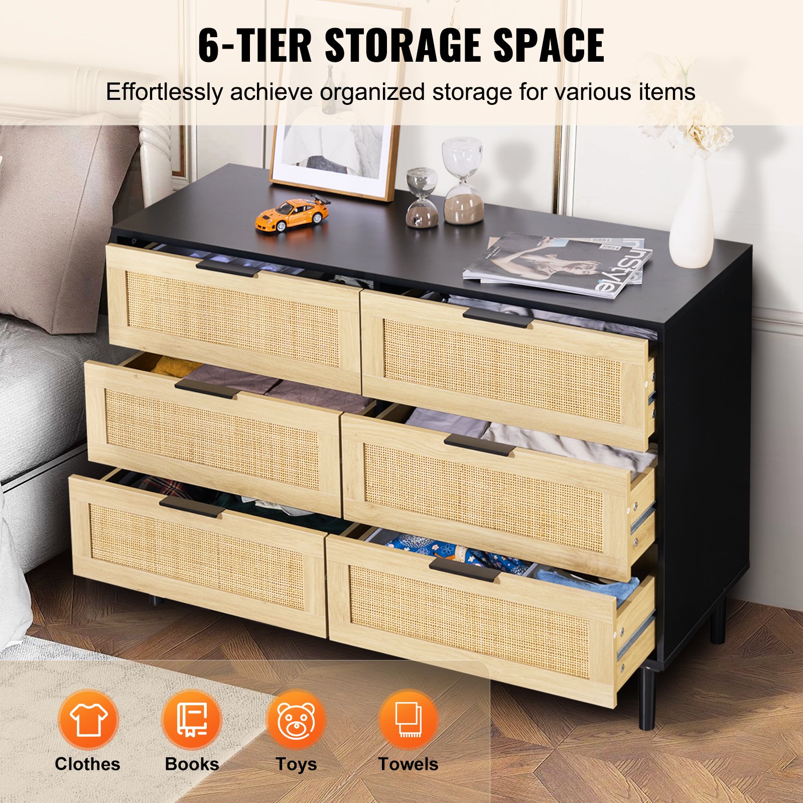 VEVOR 6 Drawer Rattan Dresser, Natural Rattan Closet Dresser with 6 ...