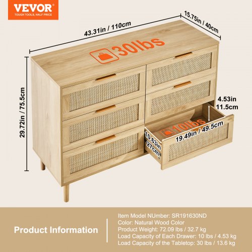 VEVOR 6 Drawer Rattan Dresser, Boho Dresser, Rattan Chest of Drawers ...