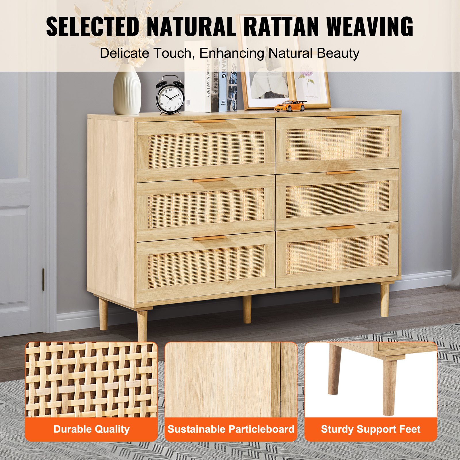 VEVOR Rattan 6 Drawer Dresser – Natural Boho Storage Chest