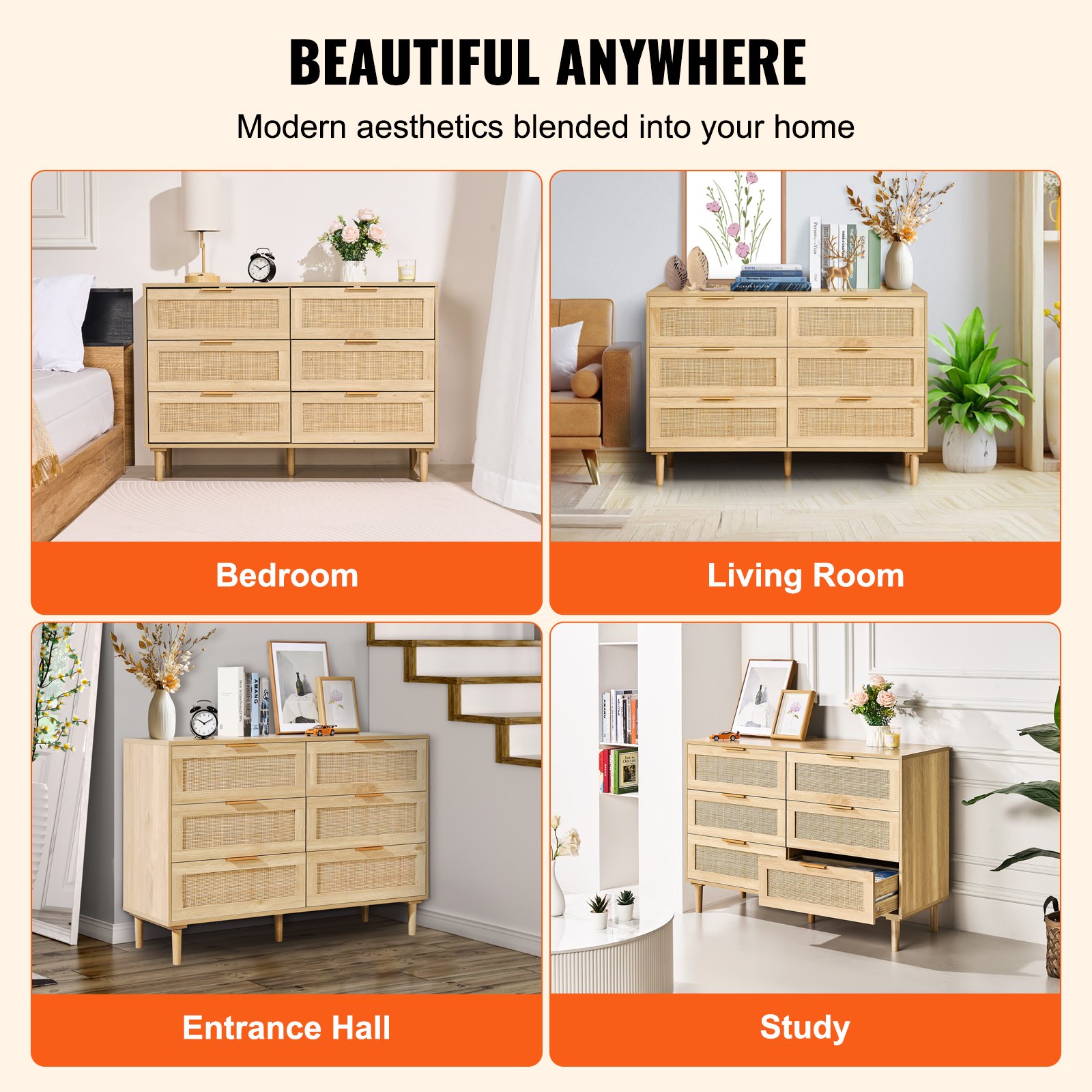 VEVOR 6 Drawer Rattan Dresser, Boho Dresser, Rattan Chest of Drawers ...