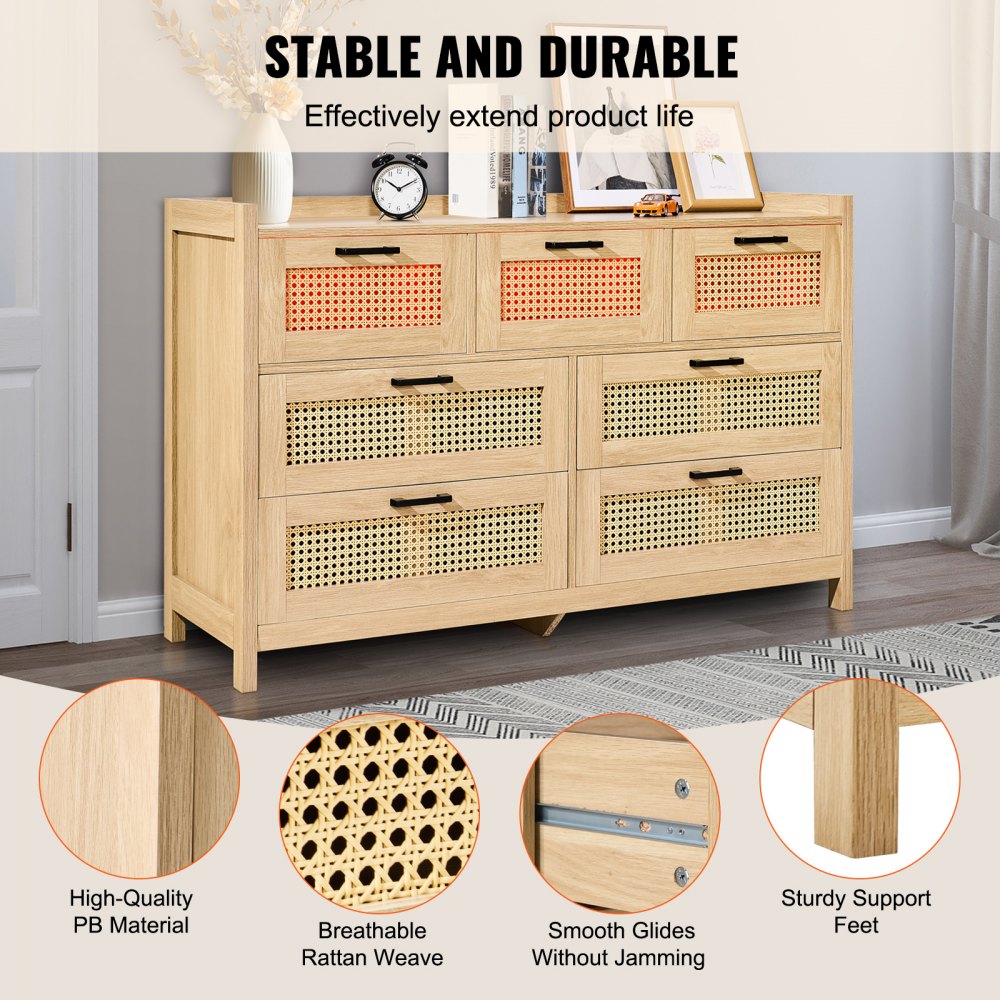 VEVOR 7 Drawer Rattan Dresser, Boho Dresser, Rattan Chest of Drawers ...