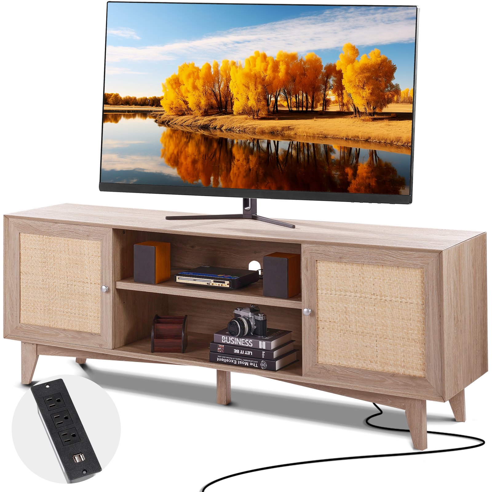 VEVOR Rattan TV Stand, Mid Century Modern TV Stand for 75 inch TV, Boho ...