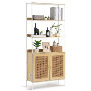 VEVOR Rattan Bookshelf, Ladder Shelf with 2 Doors, Rectangle