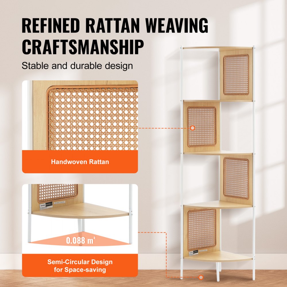 VEVOR Rattan Corner Bookshelf, 5 Tiers Ladder Corner Shelf with Metal ...