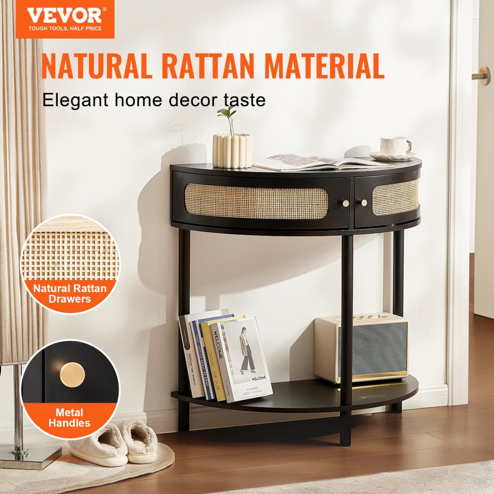 VEVOR Half-moon Rattan Console Table 2 Storage Drawers Rattan Sliding ...