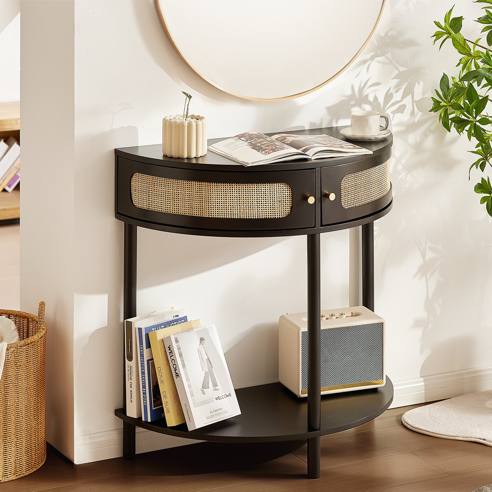 VEVOR Half-moon Rattan Console Table 2 Storage Drawers 31.88x15.74x32.28inch Rattan Sliding Door ...