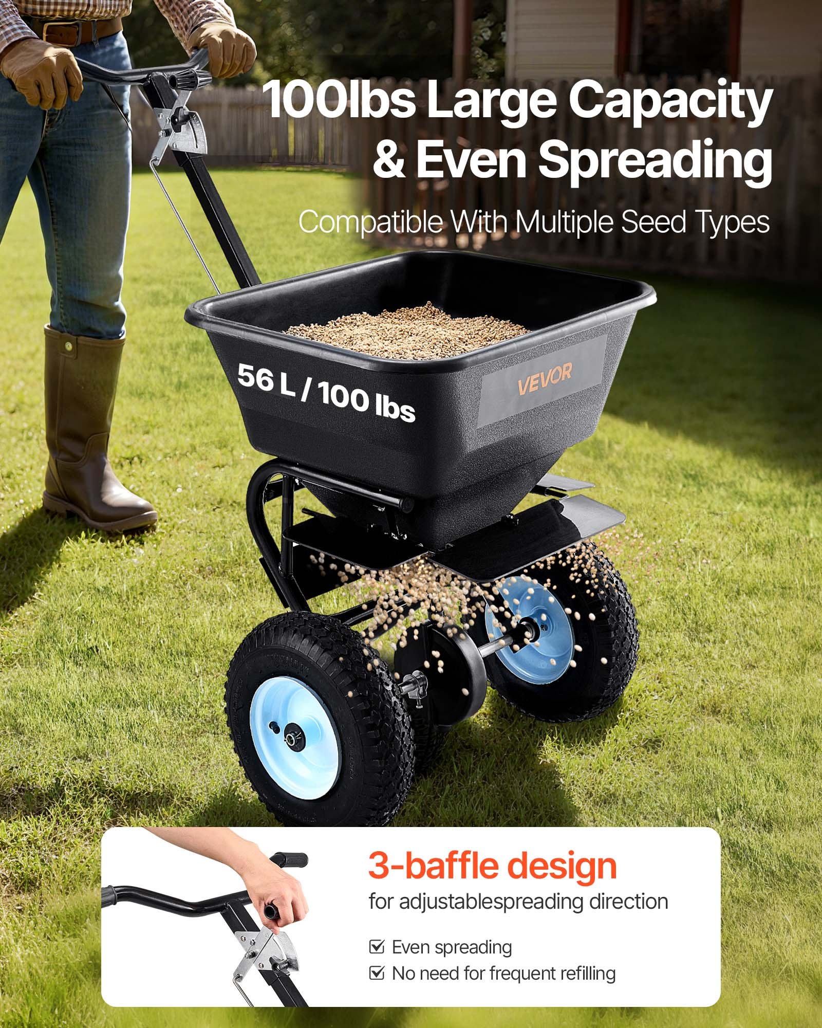 VEVOR Broadcast Spreader, 100LBS4Capacity, Walk-Behind Push Spreader, 0 ...