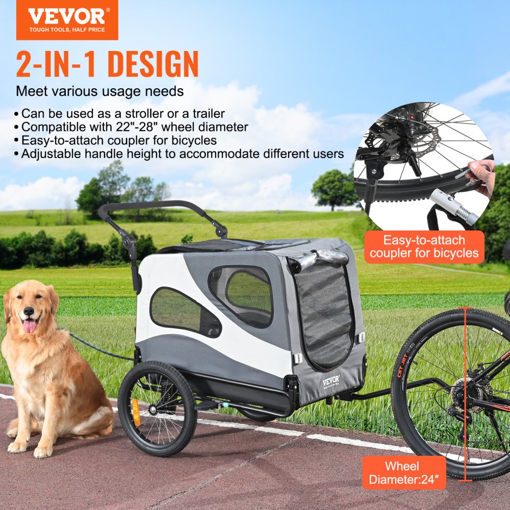VEVOR Dog Bike Trailer, Supports up to 100 lbs, 2-in-1 Pet Stroller ...