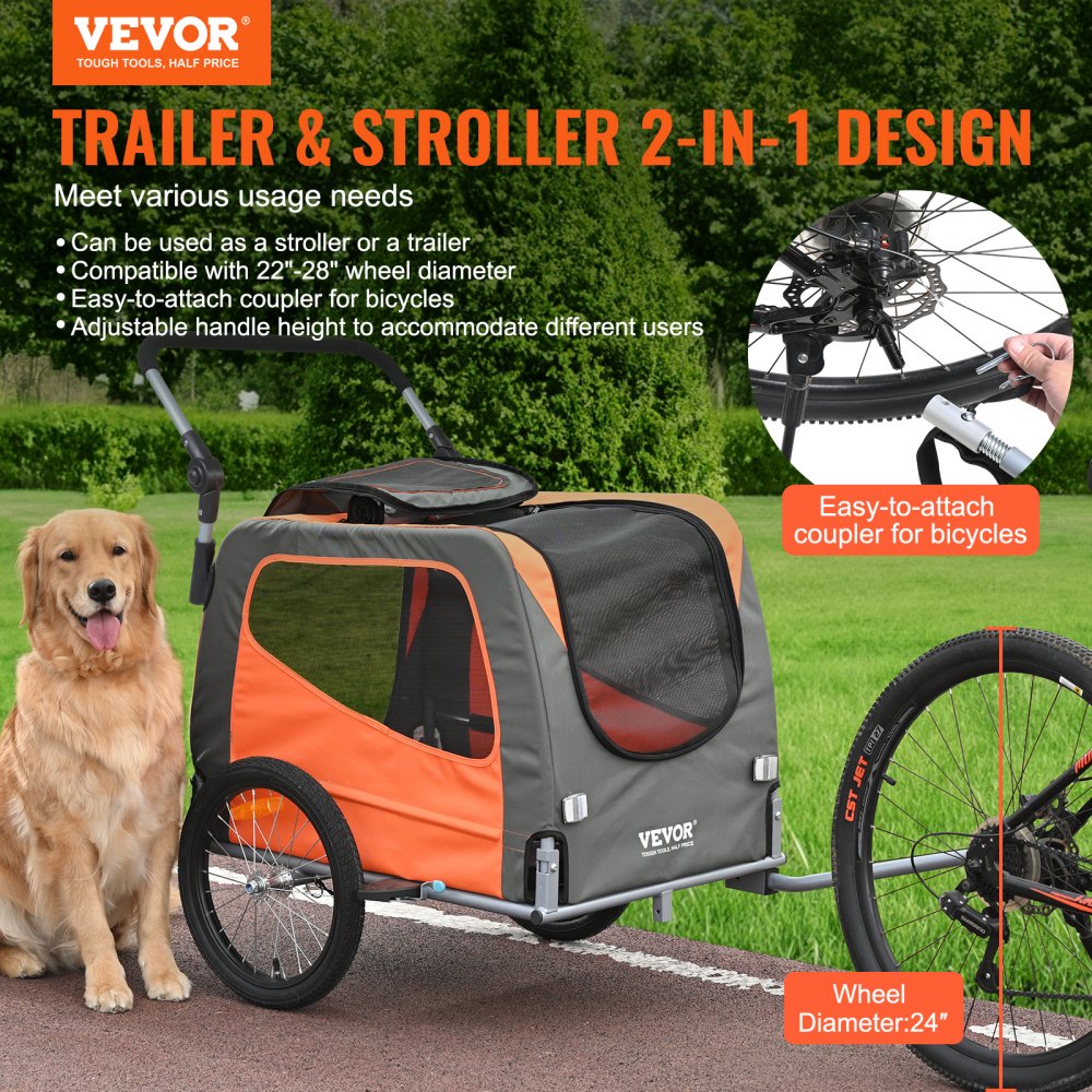 VEVOR Dog Bike Trailer, Supports up to 66 lbs, 2-in-1 Pet Stroller Cart ...