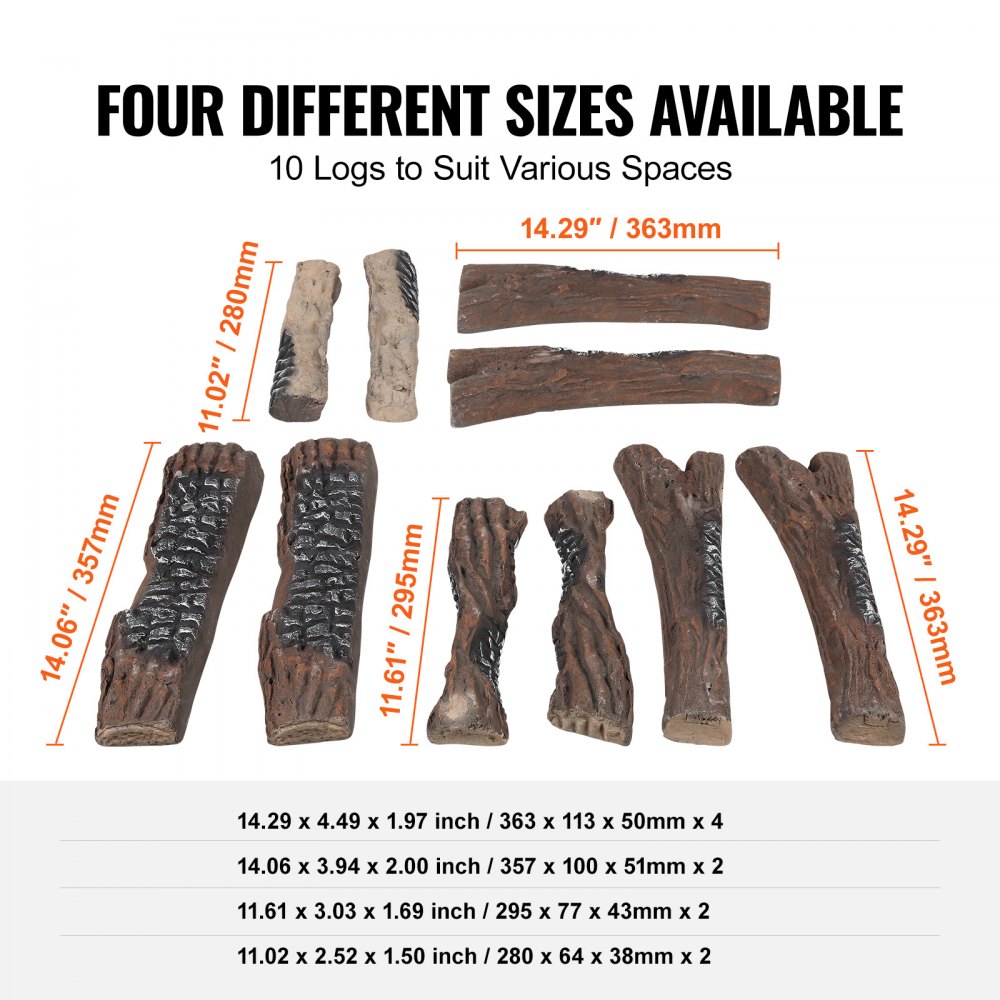 VEVOR 10 Pcs Gas Fireplace Logs, Large Ceramic Logs for Fireplace ...