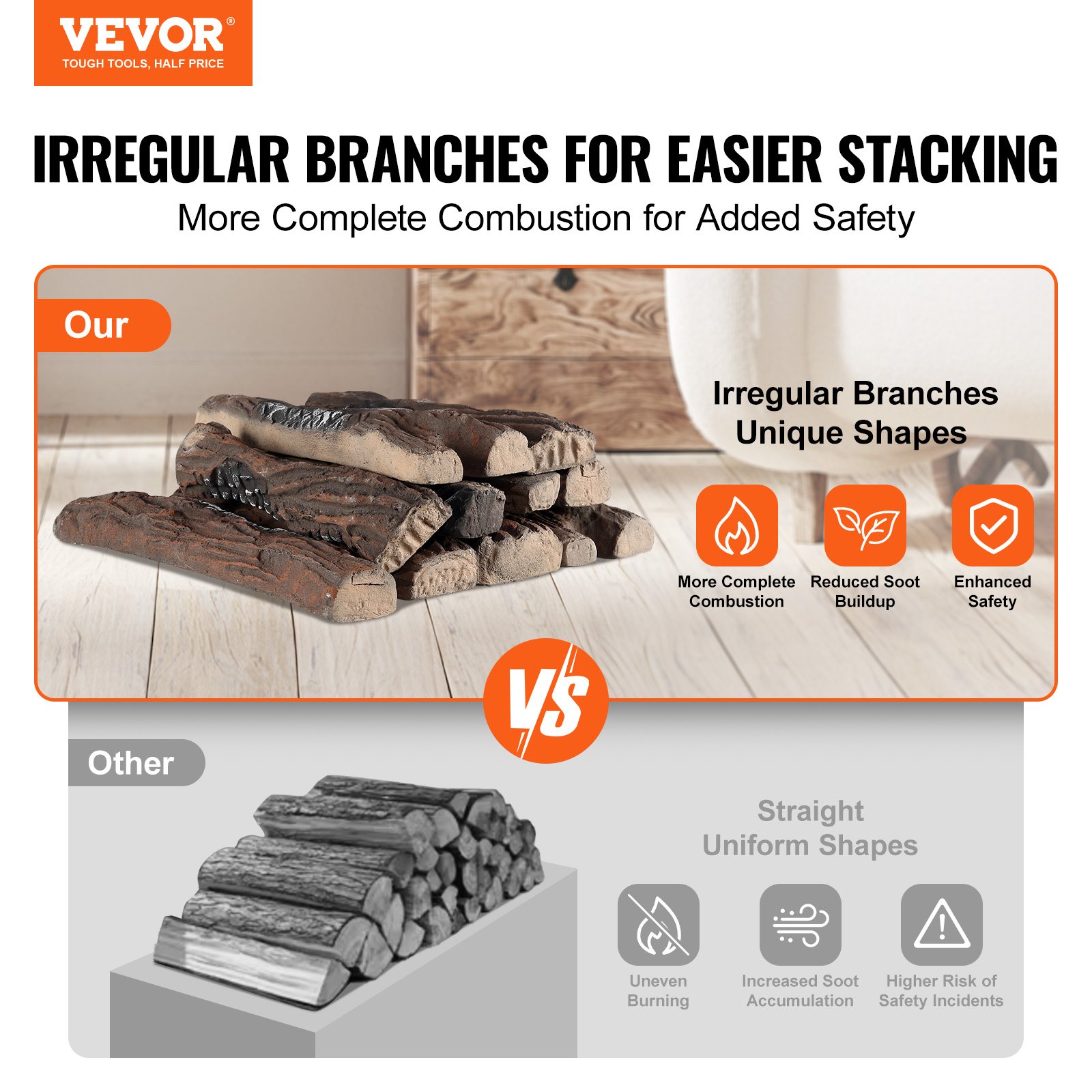VEVOR 10 Pcs Gas Fireplace Logs, Large Ceramic Logs for Fireplace ...