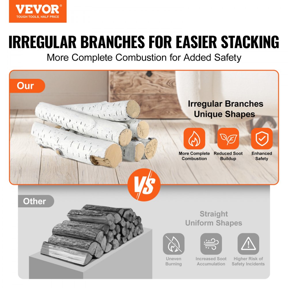 VEVOR 6 Pcs Large Withe Birch Logs, Gas Fireplace Ceramic Logs for Fire
