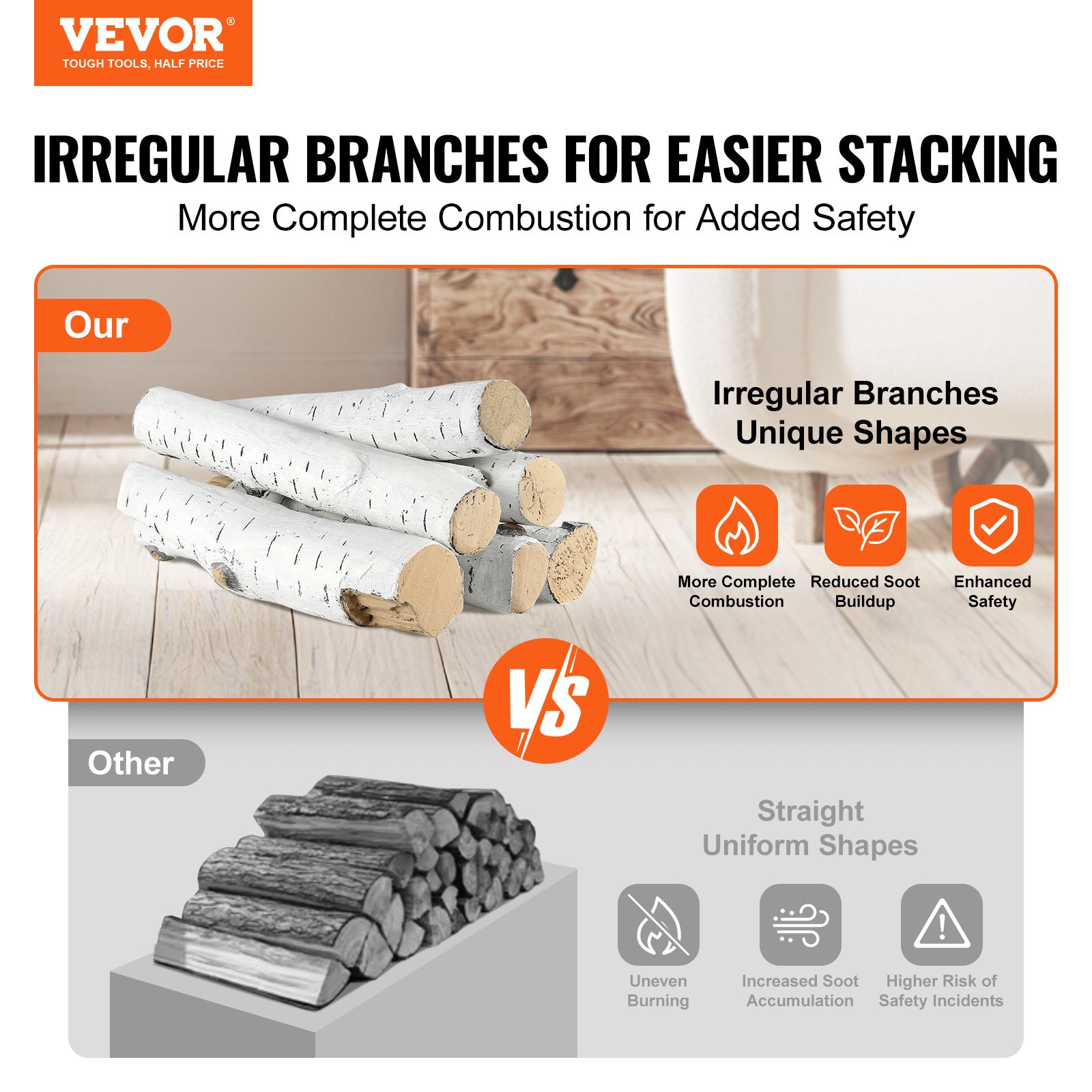 VEVOR 6 Pcs Large Withe Birch Logs, Gas Fireplace Ceramic Logs for Fire