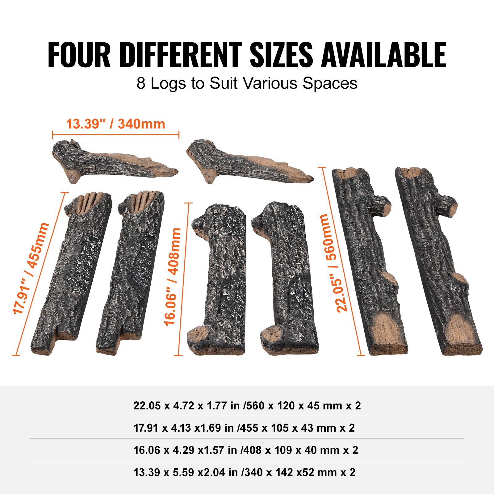 VEVOR 8 Pcs Oak Logs, Gas Fireplace Ceramic Logs for Fire place, Heat ...