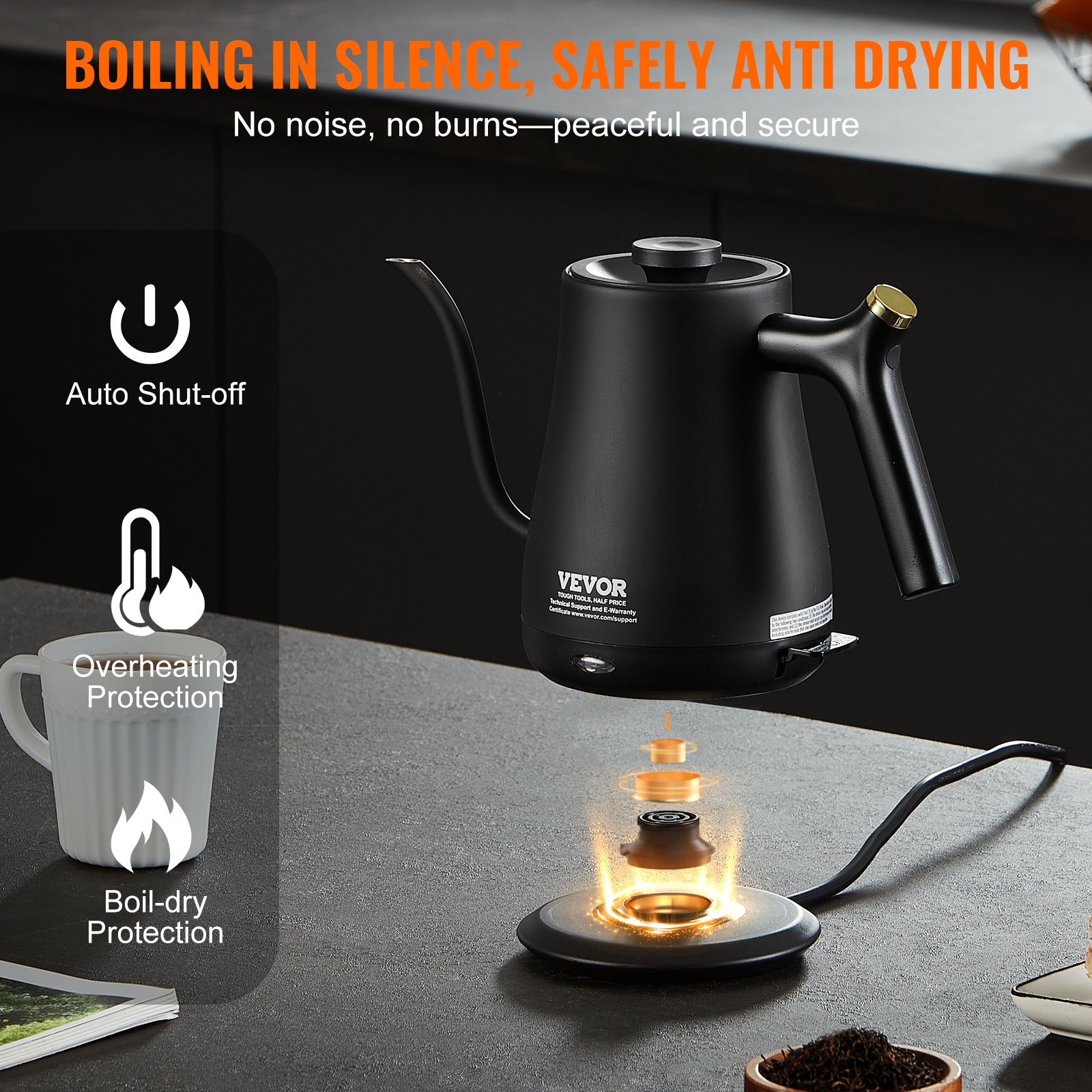 Vevor 1l Electric Gooseneck Kettle 1200w Fast Heating Gooseneck Pour Over Coffee Tea Kettle 4854