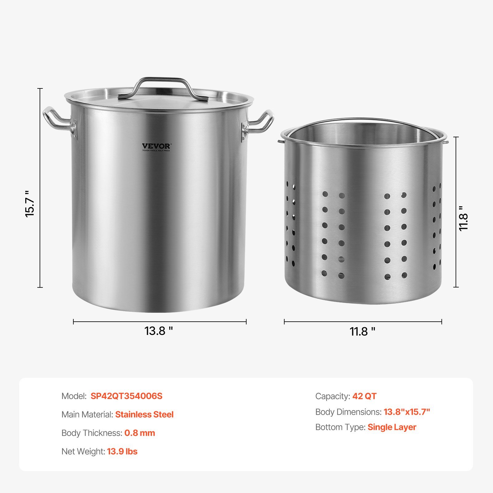 VEVOR Stainless Steel Stockpot, 42 Quart Large Cooking Pots, Cookware ...