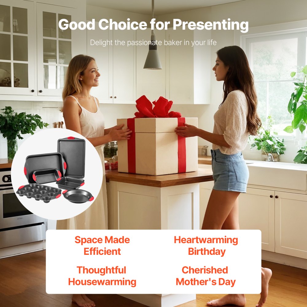 Sada pekáčů VEVOR, 6dílná, nepřilnavé plechy a tácy z uhlíkové oceli, stohovatelné sady na pečení do kuchyňské trouby se silikonovými rukojeťmi, snadno se čistí, na pečení sušenek, dortů, muffinů - miniatura 7