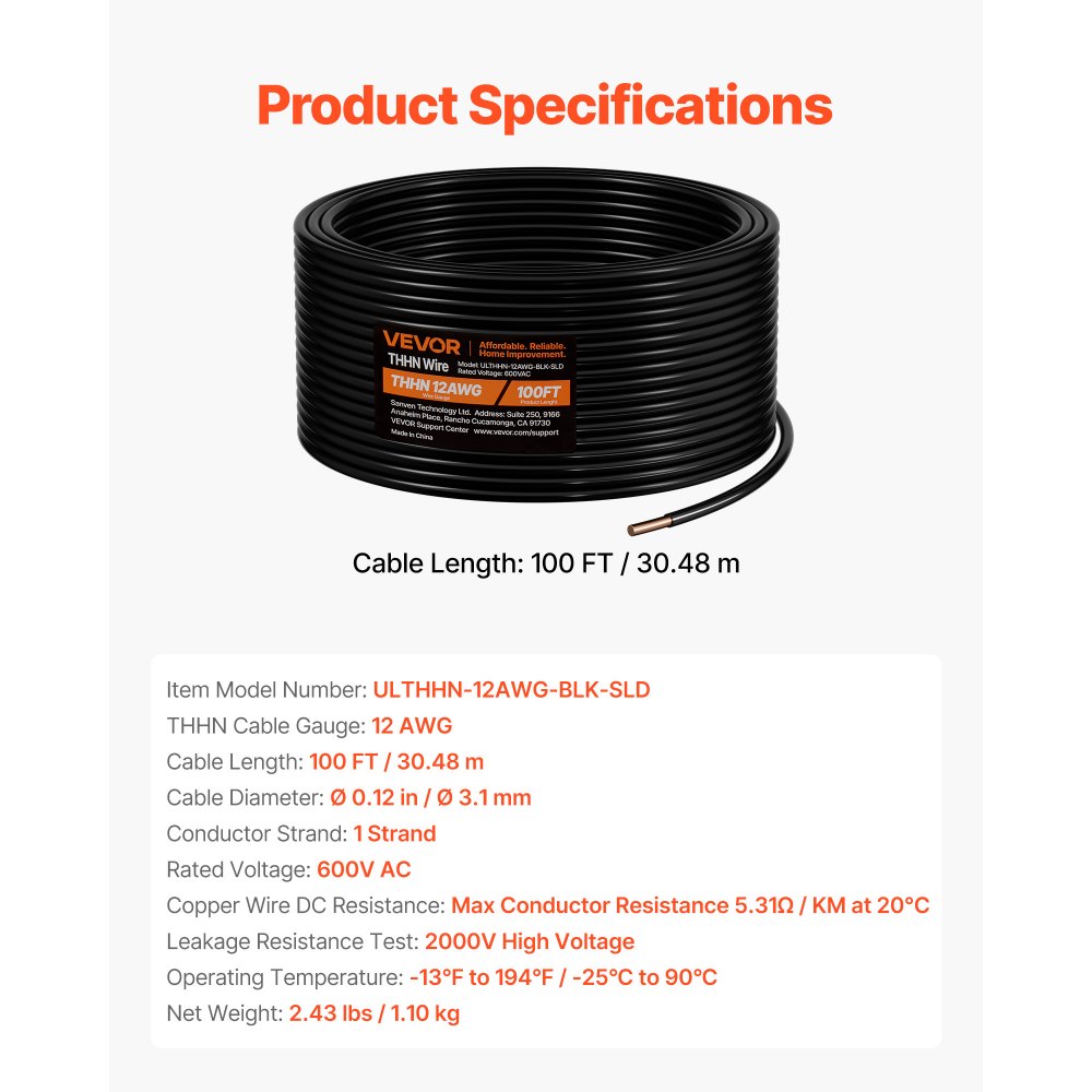 VEVOR 12 Gauge THHN Solid Wire – 100 ft, OFC Copper, 600V