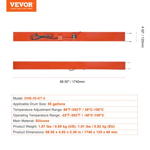 55 Gallon Metal Drum Heater – 1200W, Adjustable Temp (86-302°F), 5” Wide Silicone Band