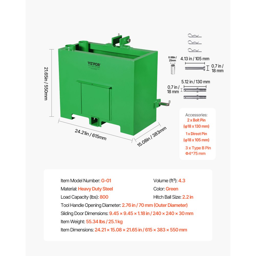 VEVOR Ballast Box, 3-Point Category 1 Tractor Ballast of 800lbs ...