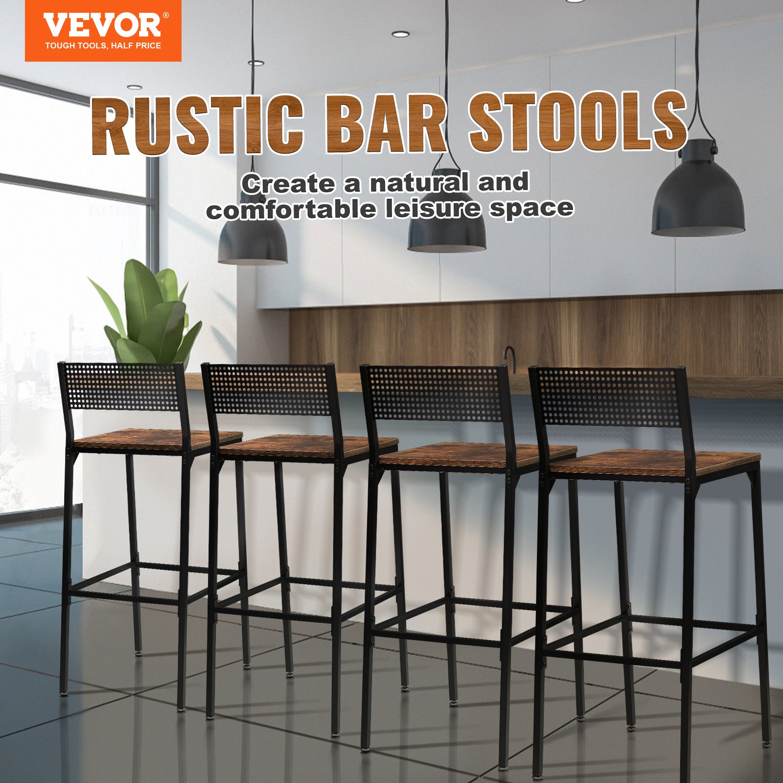 VEVOR Rustic Bar Stools Counter Height Square Bar Chairs with Backrest
