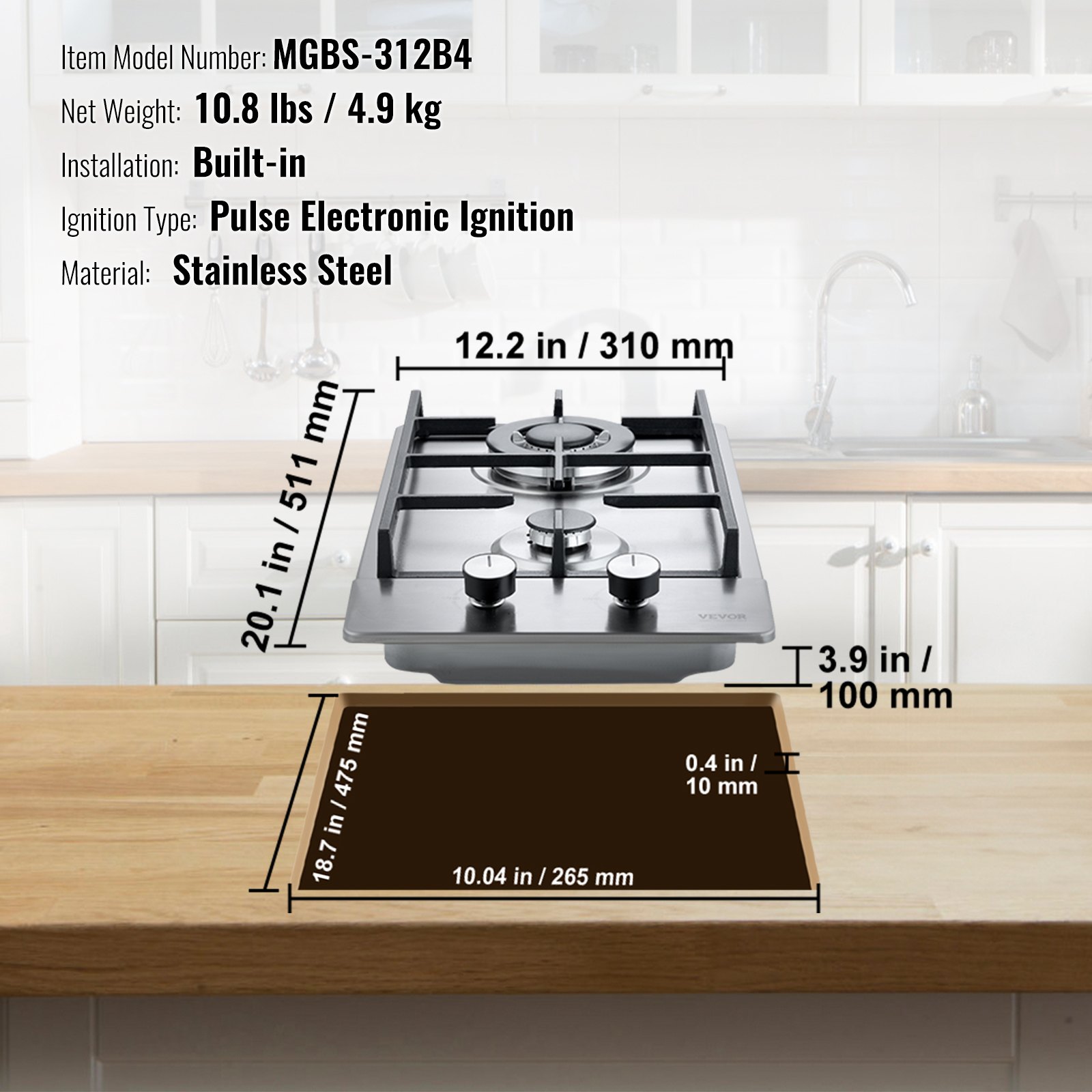 Piano Cottura A Gas VEVOR 2 Fuochi, 30,5 Cm, Acciaio Inox, Convertibile GPL/NG, Con Termocoppia, Per Camper E Cucina