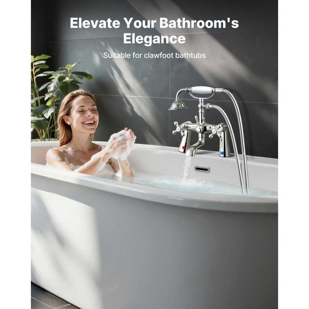 VEVOR Clawfoot Tub Faucet – Deck Mount With Handheld Shower, Polished Chrome, 360° Rotating Spout, 59-Inch Hose, Dual Ceramic Cartridges, Vintage Bathroom Fixture