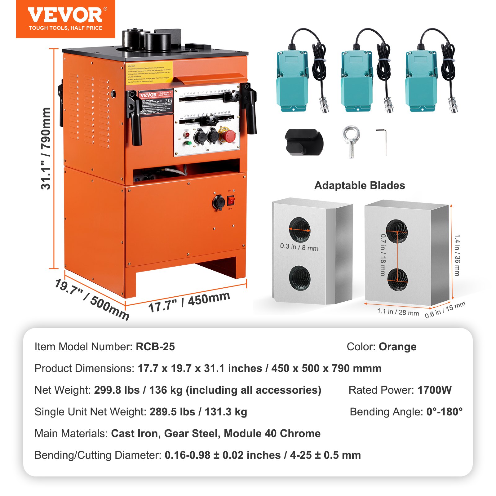 VEVOR 2-in-1 Electric Rebar Bender, 1700W Portable Hydraulic Rebar ...