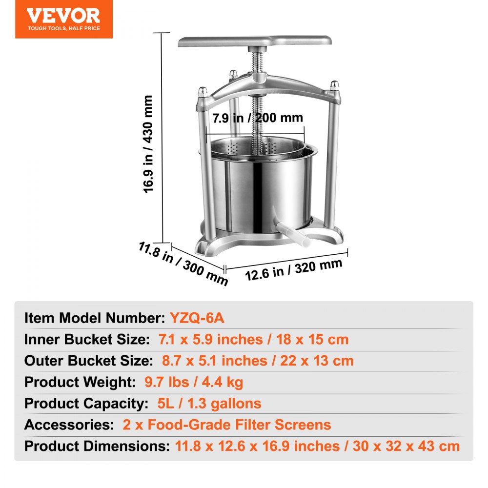 VEVOR VEVOR Fruit Wine Press, 1.6 Gallon/6L, 2 Stainless Steel Barrels