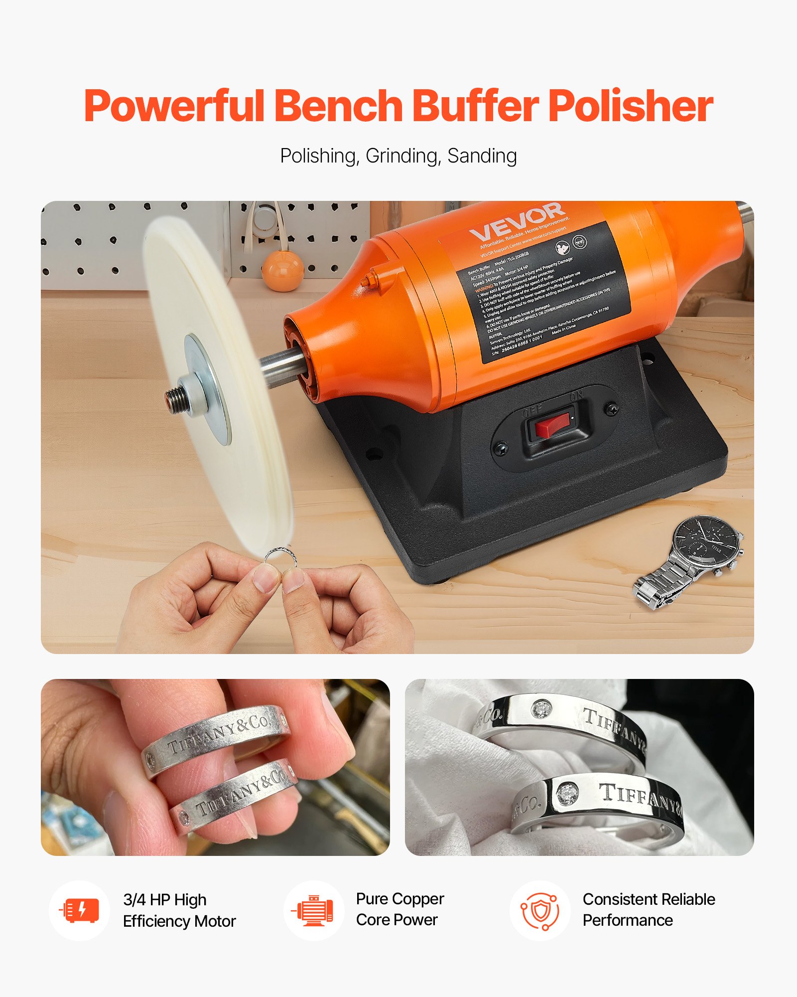 VEVOR 3/4HP Bench Buffer Polisher, 8-inch Bench Polishing Buffing ...