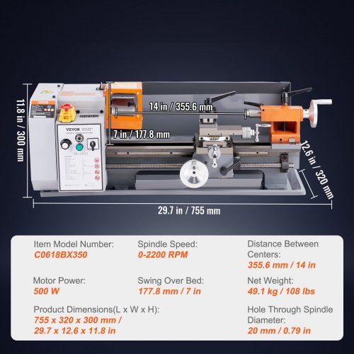 VEVOR Metal Lathe Machine, 7'' x 13.78'', Precision Benchtop Power