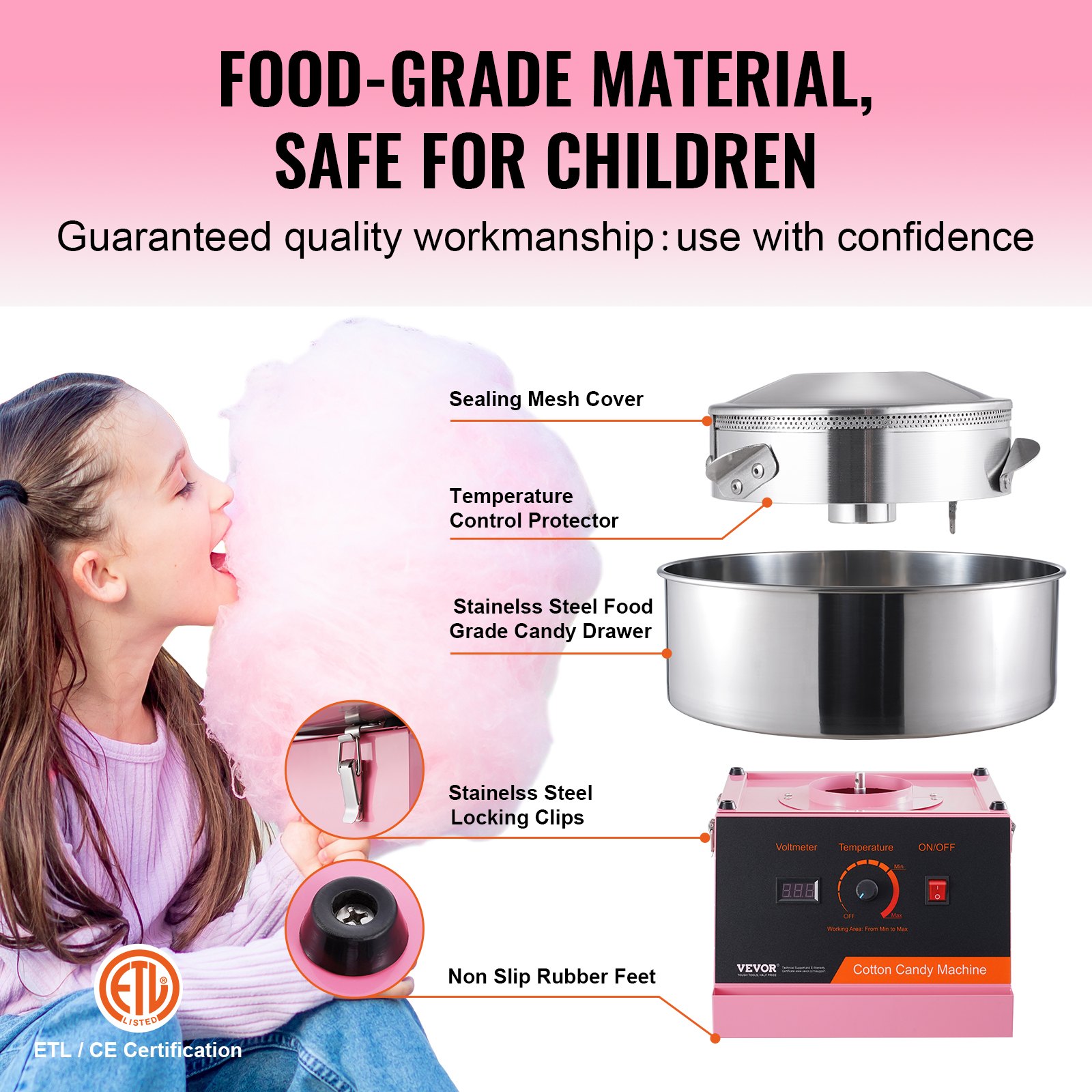 Electric Cotton Candy Machine, 1000W Commercial Cotton Candy Machine With Scoop, Stainless Steel Cotton Candy Maker For Kids Birthday Family Party, Candyfloss Making Machine (Pink