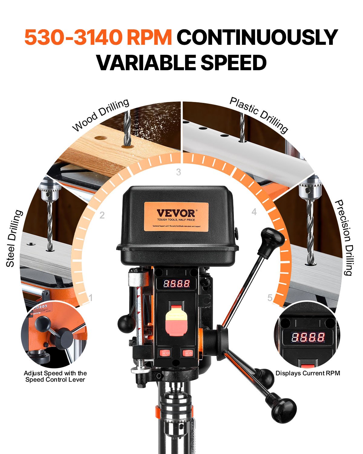 VEVOR 12 in Benchtop Drill Press, 5 Amp 120V, Variable Speed Cast Iron