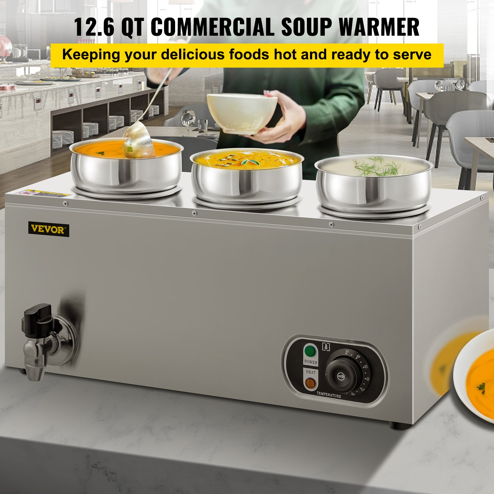 VEVOR 110V Commercial Food Warmer 12.6 Qt Capacity, 800W Electric Soup ...