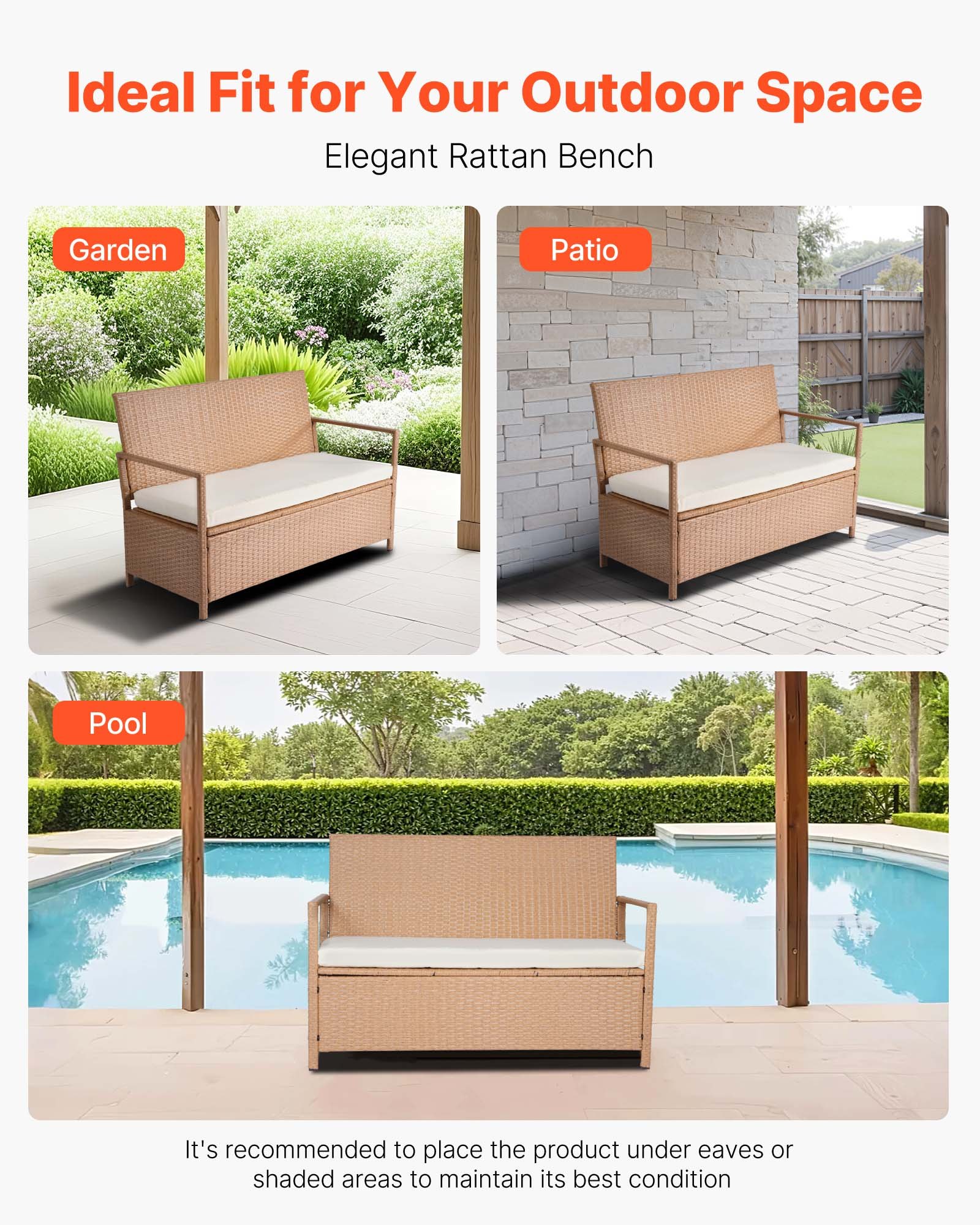 VEVOR Outdoor Rattan Storage Bench - 2-Person, 265 lbs