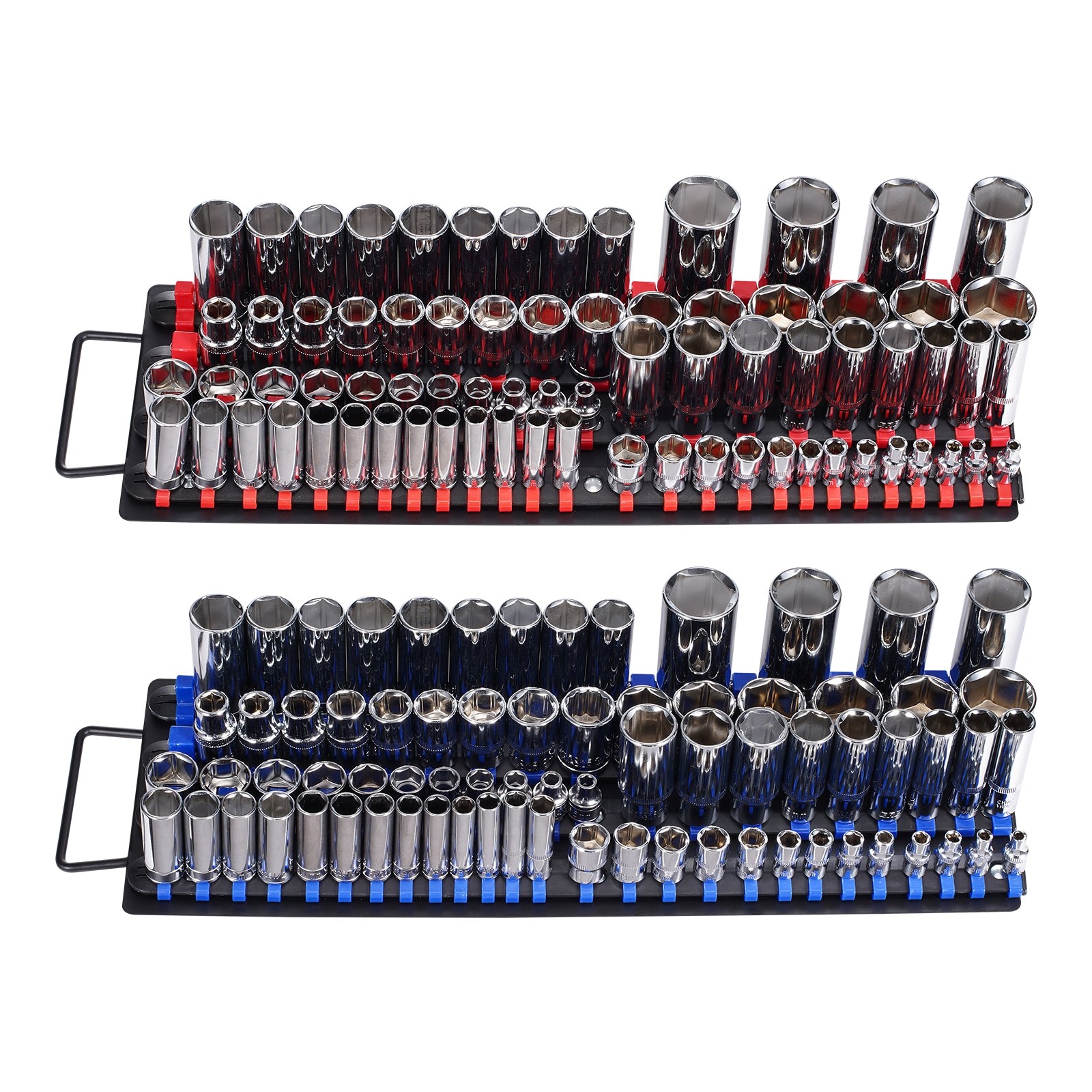 6-Piece Socket Organizer Tray Set – Holds 90 Metric & 76 SAE Sockets, 1/4, 3/8, And 1/2 Drives, Red/Black Plastic Storage Rack