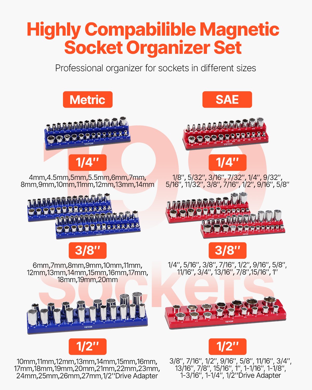 VEVOR Socket Holder Magnetic – 8PCS, 1/4'', 3/8'' & 1/2''