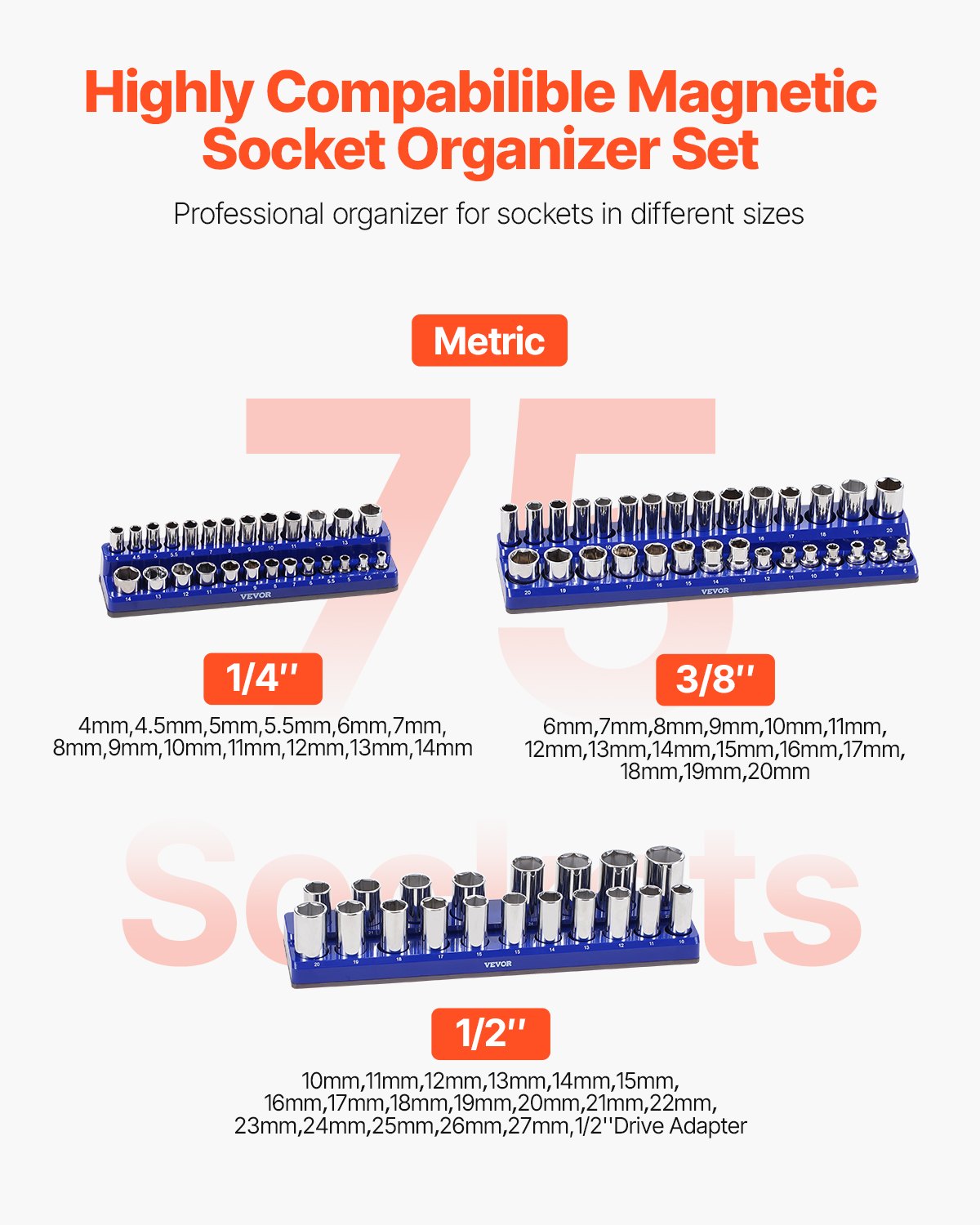 Labeled Socket Rack VEVOR Magnetic Socket Organizer Tray – 1/4'', 3/8'' & 1/2''