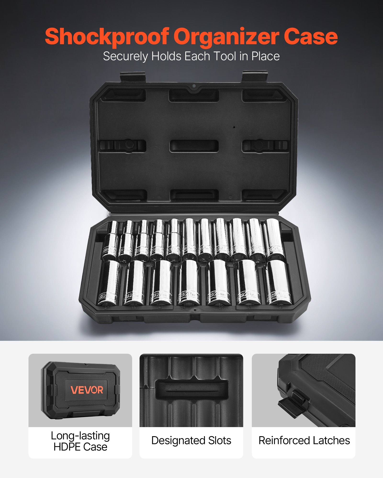 VEVOR 1/2 Drive Socket Set – 18 Pcs, Metric 10-27 mm, Cr-V