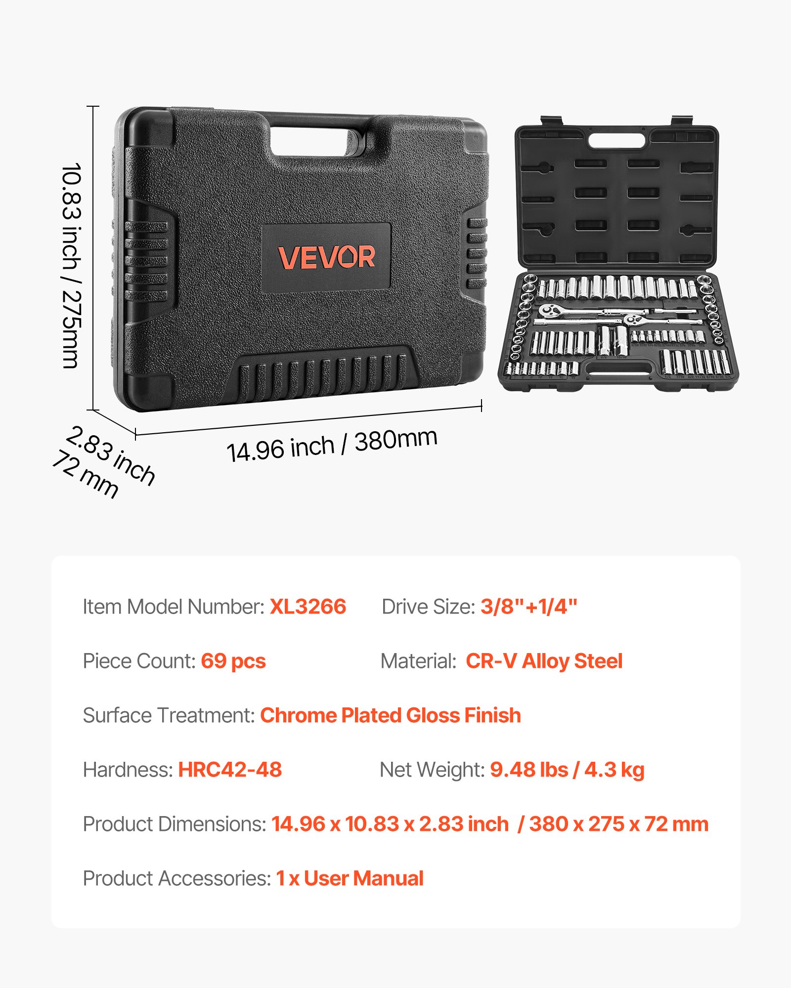 VEVOR Sockets and Ratchet Set – 69-Piece, SAE & Metric Kit