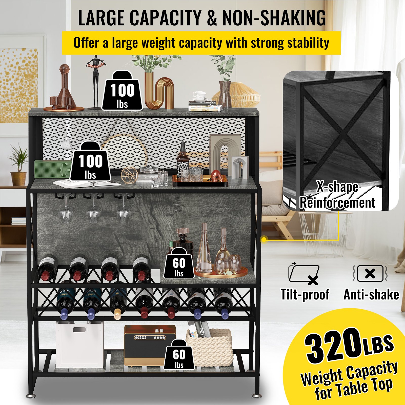 VEVOR Wine Rack Home Bar Table, Industrial Liquor Storage with Glass Holder, Bakers