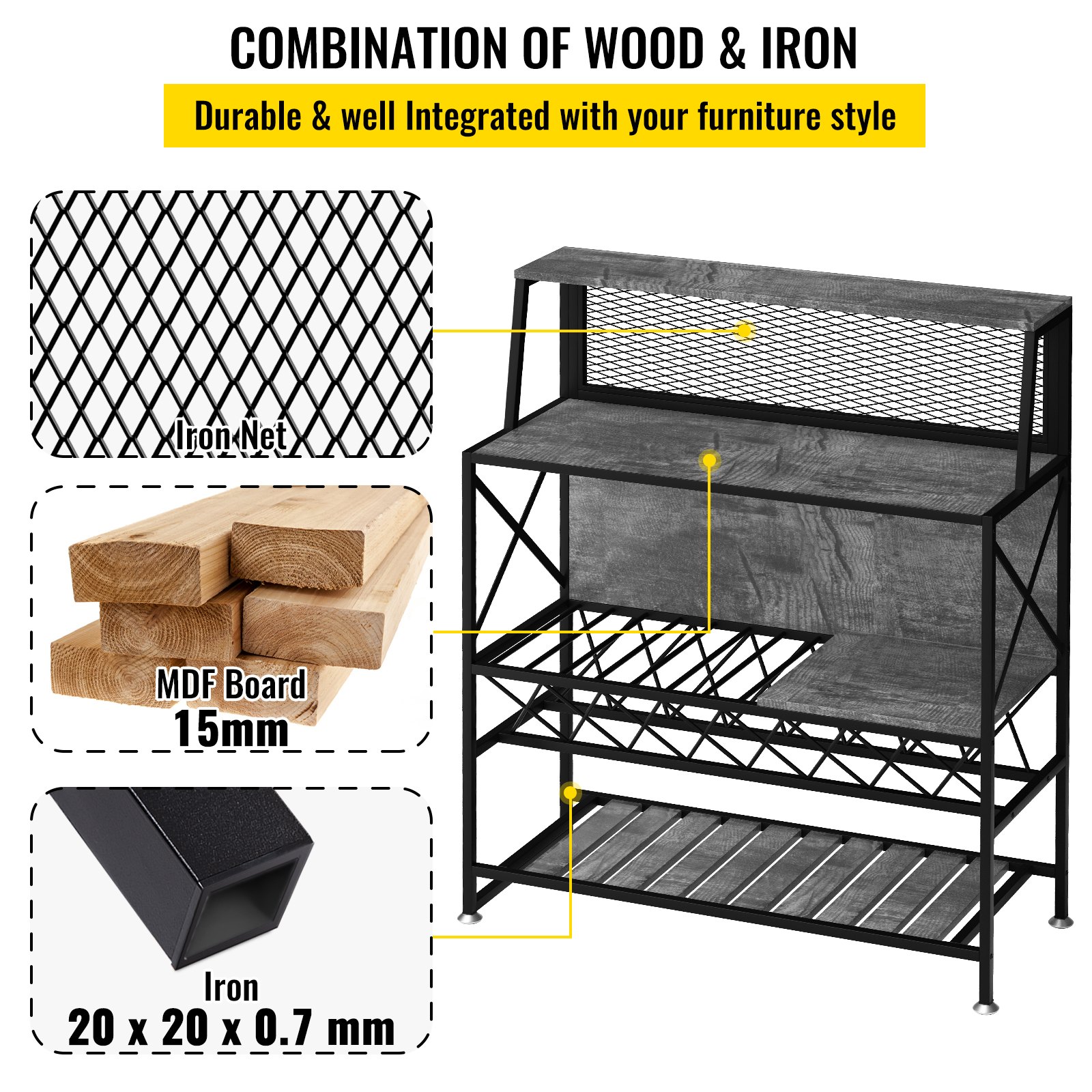 VEVOR Wine Rack Home Bar Table, Industrial Liquor Storage with Glass Holder, Bakers