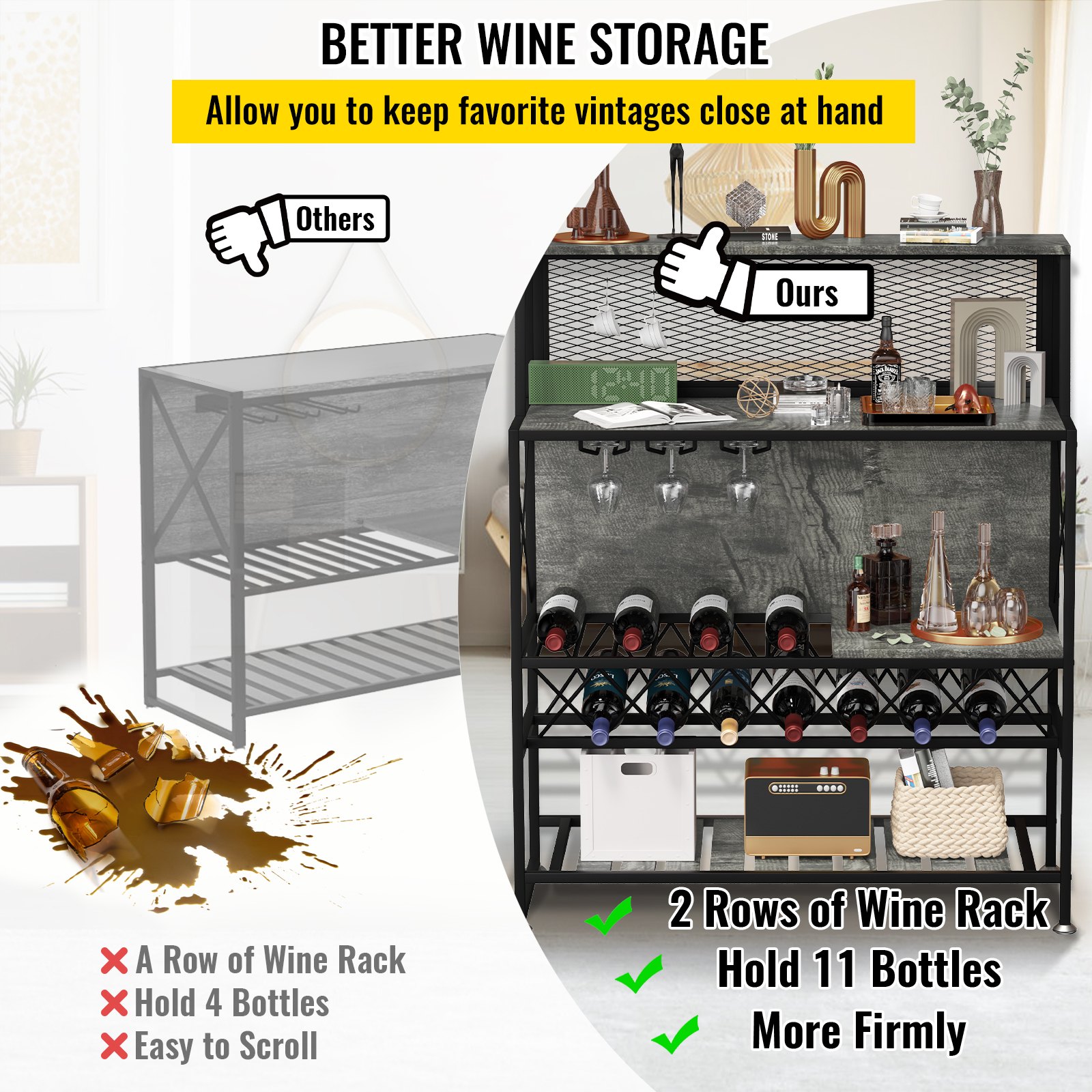 VEVOR Wine Rack Home Bar Table, Industrial Liquor Storage with Glass Holder, Bakers