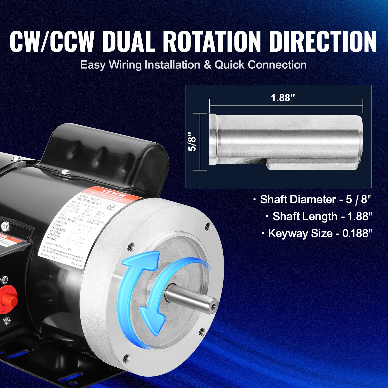 VEVOR 0.75HP Electric Motor 1725 rpm, AC 115V/230V, 56C Frame, Air ...