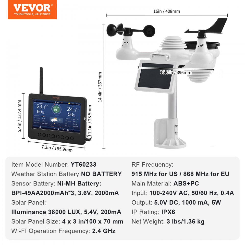 VEVOR 7-in-1 Wi-Fi Weather Station 177.8 mm TFT Display Wireless ...