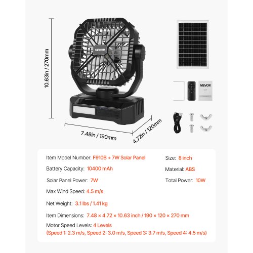 10400mAh Solar Fan Camping Fan with Solar Panel LED Lantern 7W 8 Inch ...