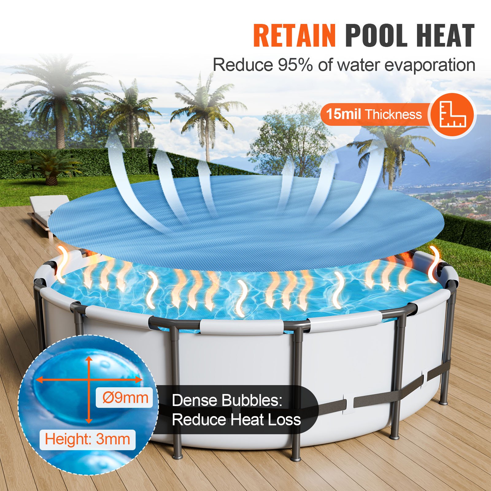 VEVOR Solar Pool Cover, Φ10 ft Round Solar Blanket for Pools, Inground ...