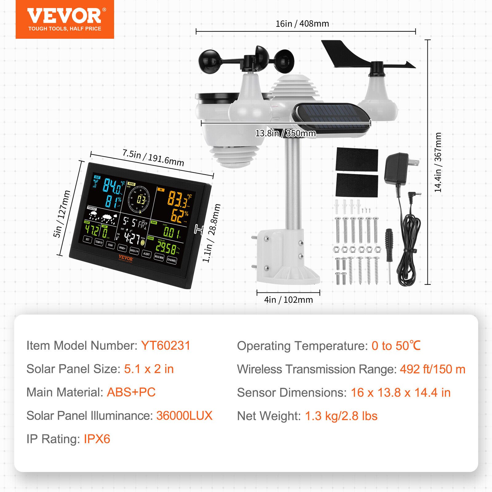 Weather Controller VEVOR 7-in-1 Wireless Weather Station, 7.5 in Large Color Display ...